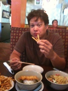 Seppo nomming on an early lunch at Aiea Bowl